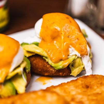 Eggs benedict, close-up.