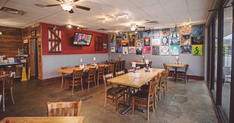 Dining area, TV screen on the wall