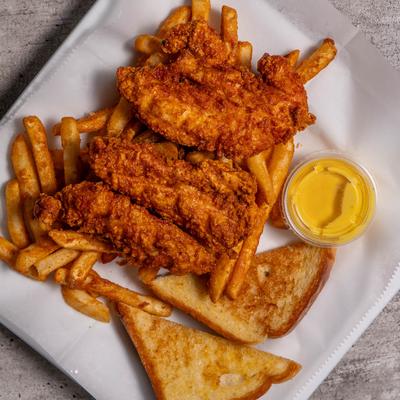 Fried chicken with fries, toast, and mustard on a plate.