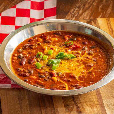Brisket Chili, with corn, beans, cheddar, and sour cream.