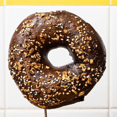 Pumpernickle Everything Bagel, closeup.