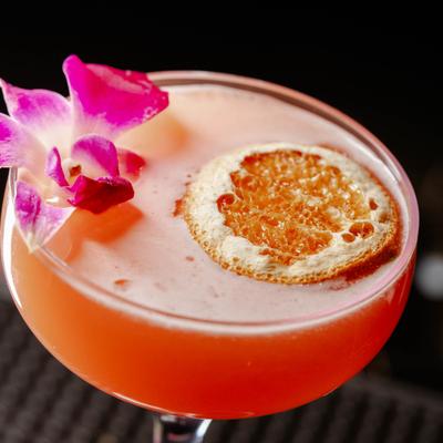 Pecola cocktail garnished with a flower and dried orange wheel.