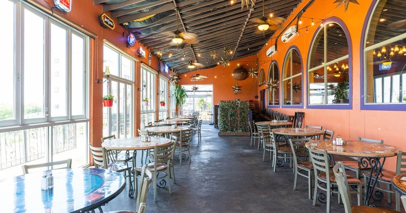 Interior, tables and chairs lined up