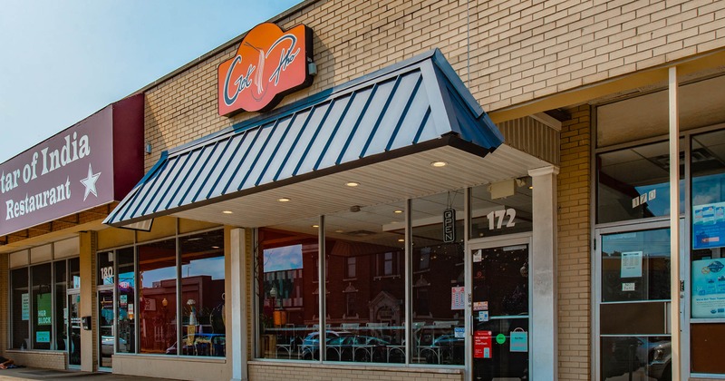 Exterior, front view, entrance, sign