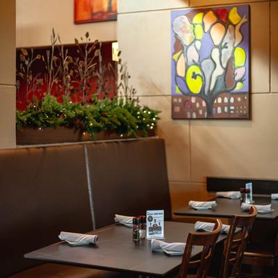 Interior, set tables and booths.