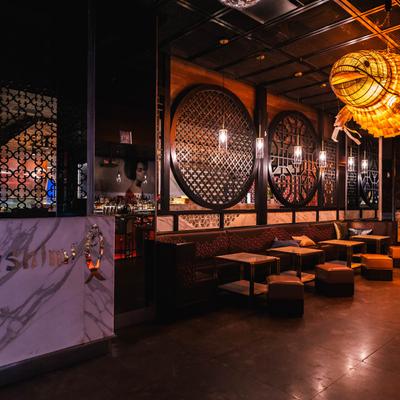 Seating area, banquette seating.