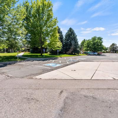 Empty parking lot with trees on sunny day