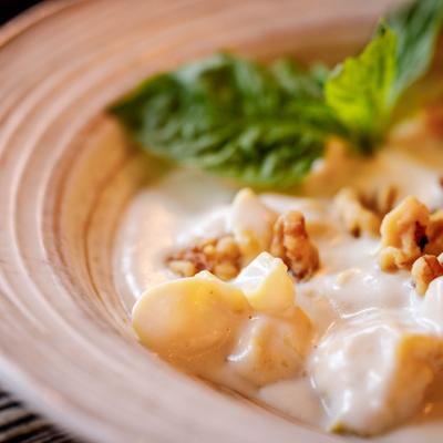 Pasta with gorgonzola sauce and walnuts.