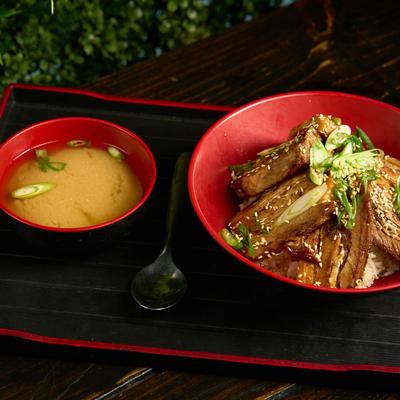 Pork Belly, over steamed rice, served with miso soup.