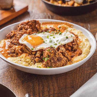 Cajun-fried chicken livers with grits, fried egg, and chives