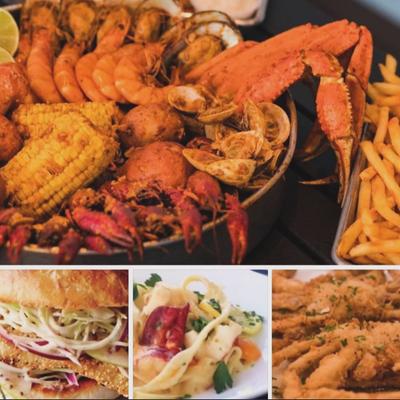 Collage depicting a variety of Cajun seafood dishes.