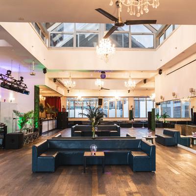 Lounging area, stylish sofas.