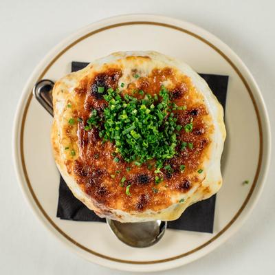French Onion Soup, top view.