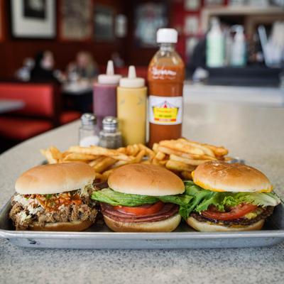 barbecue, taylor pork roll, cheeseburger and french fries.