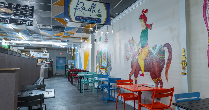 Interior, diner area, tables, chairs, part of food counter