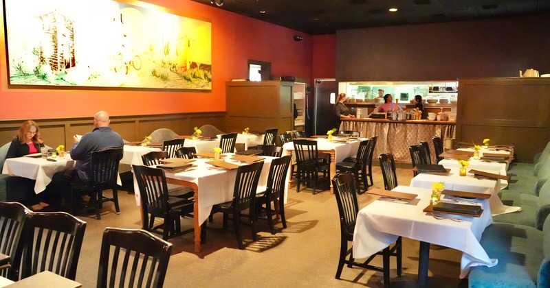 Diner area, tables and chairs, wide view