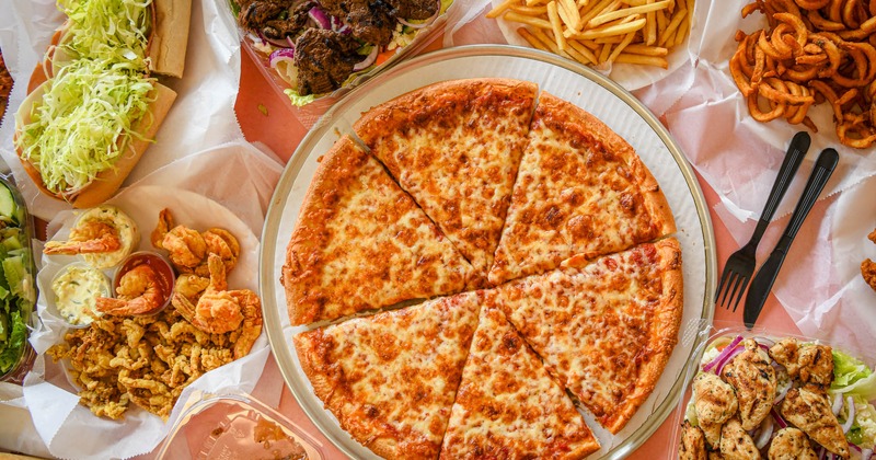 A table spread with assorted dishes, overhead view