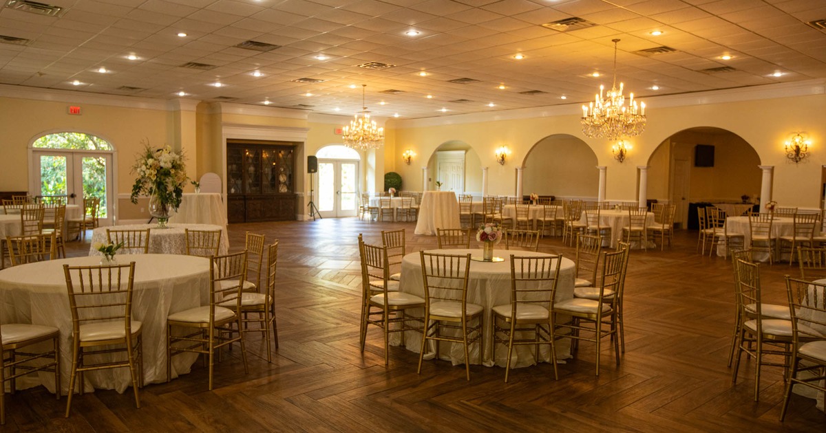 Interior, wide view, wooden floor, round tables and chairs