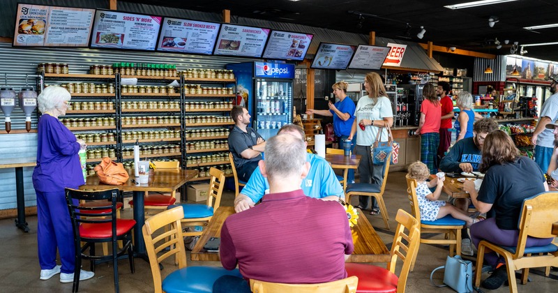 Interior, people in a seating area