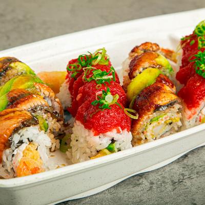 Assorted sushi rolls, close-up.