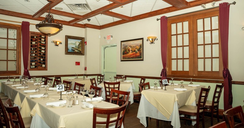 Interior, dining area, tables ready for guests