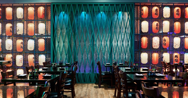Diner room, tables and chairs, decorated walls