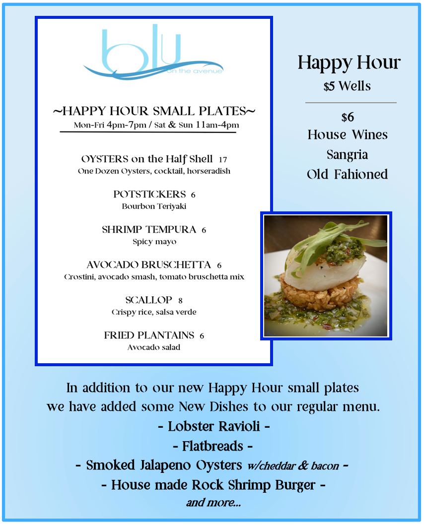 Collage flyer with a picture of our happy hour scallop and also a picture of our happy hour small plates menu