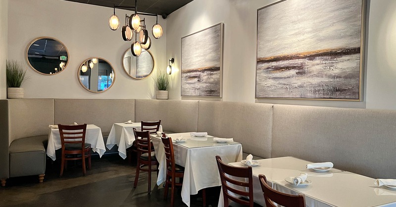 Interior, banquette seating, tables and chairs