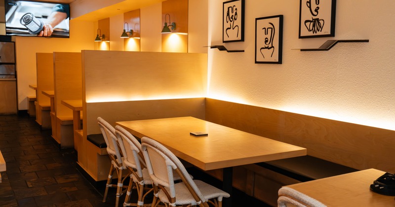 Interior with wooden booths and a long table with chairs