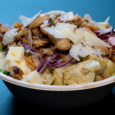Chopped Italian salad with lettuce, marinated artichoke hearts, shaved cheese and beans.