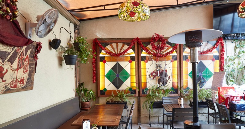 Interior, seating area with tables and chairs