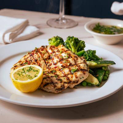 Lemon chicken served with broccoli.