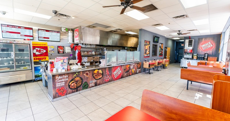 Interior, food counter, tables, benches