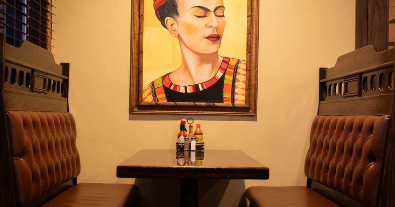 Interior, booth by the wall, paint on the wall