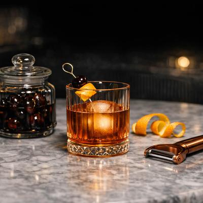 Old fashioned cocktail garnished with a cherry and orange peel.