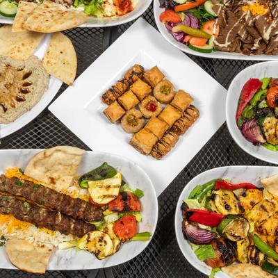 Assortment of dishes, overhead view