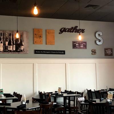 Interior featuring tables, pendant lights, and wall art.