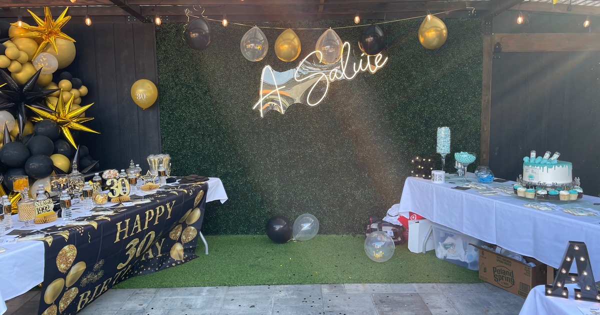 Patio space decorated for a birthday party