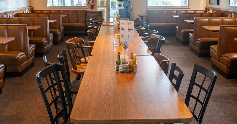 Interior, long table in dining area