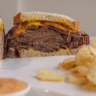 Roast Beef sandwich, side view.