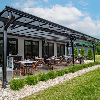 Patio cover with a seating area.