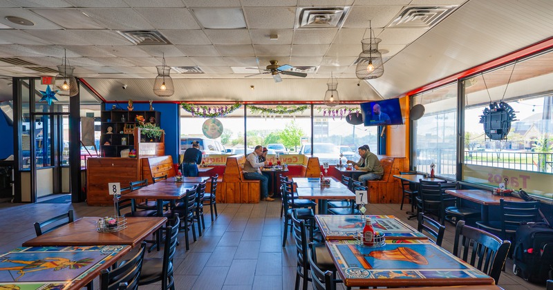Interior, dining area with vivid tables