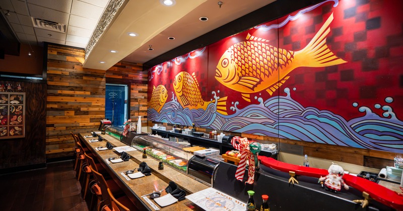 Interior of a sushi restaurant, dining tables