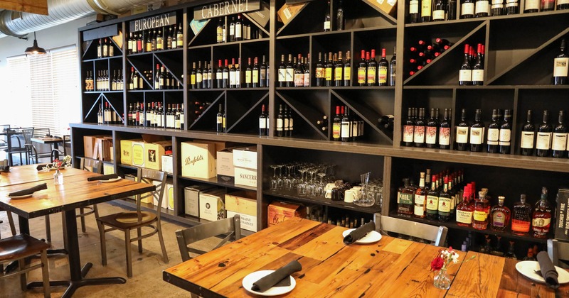 Interior, seating, wine racks on the walls