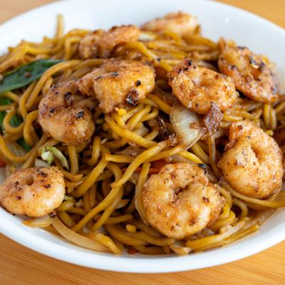 Shrimp Lo Mein featuring stir-fried noodles, vegetables and shrimp.