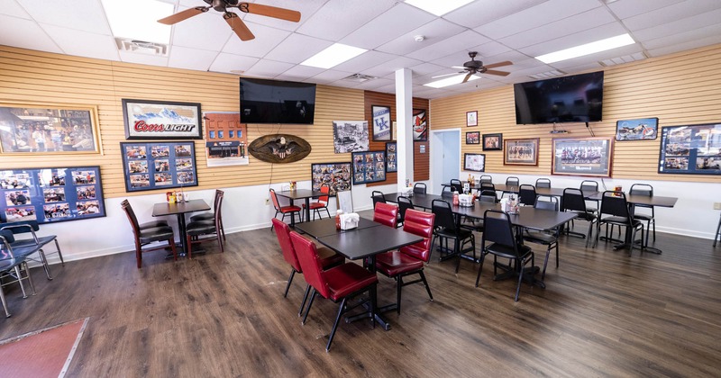 Interior, diner area, tables and chairs