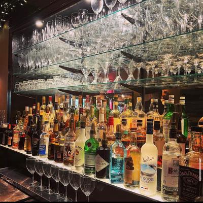 Interior, back bar spirits and glasses for different drink types