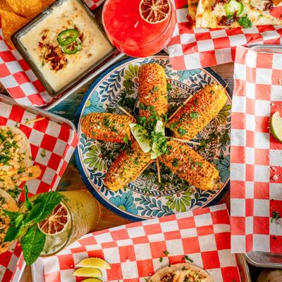 A variety of dishes on a table, top view