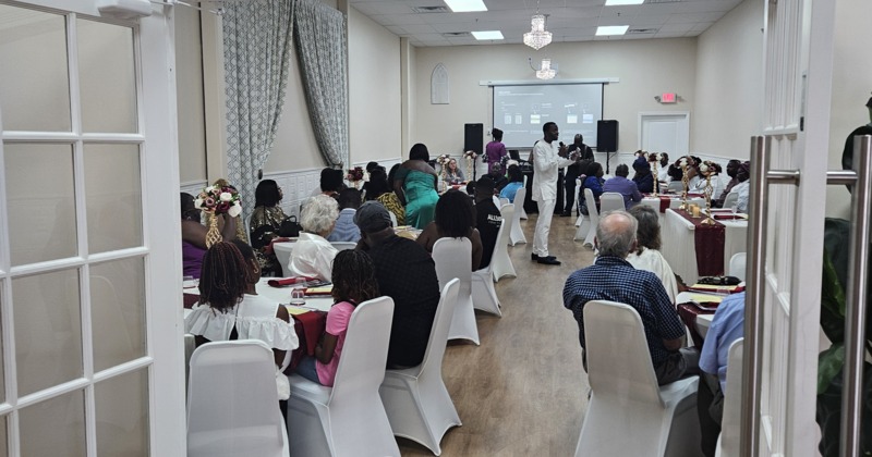 Interior, conference room with round tables and chairs