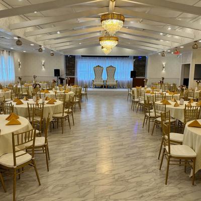 Beautifully arranged banquet hall with tables and chairs set for a special event.